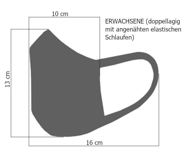 Maße Maske Erwachsene doppellagig mit angenähten Schlaufen